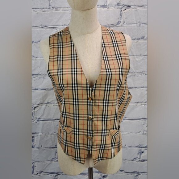 Burberry Women's Vintage Vest Jacket Beige Nova Check Cotton 70s 80s Size Medium - Picture 1 of 16